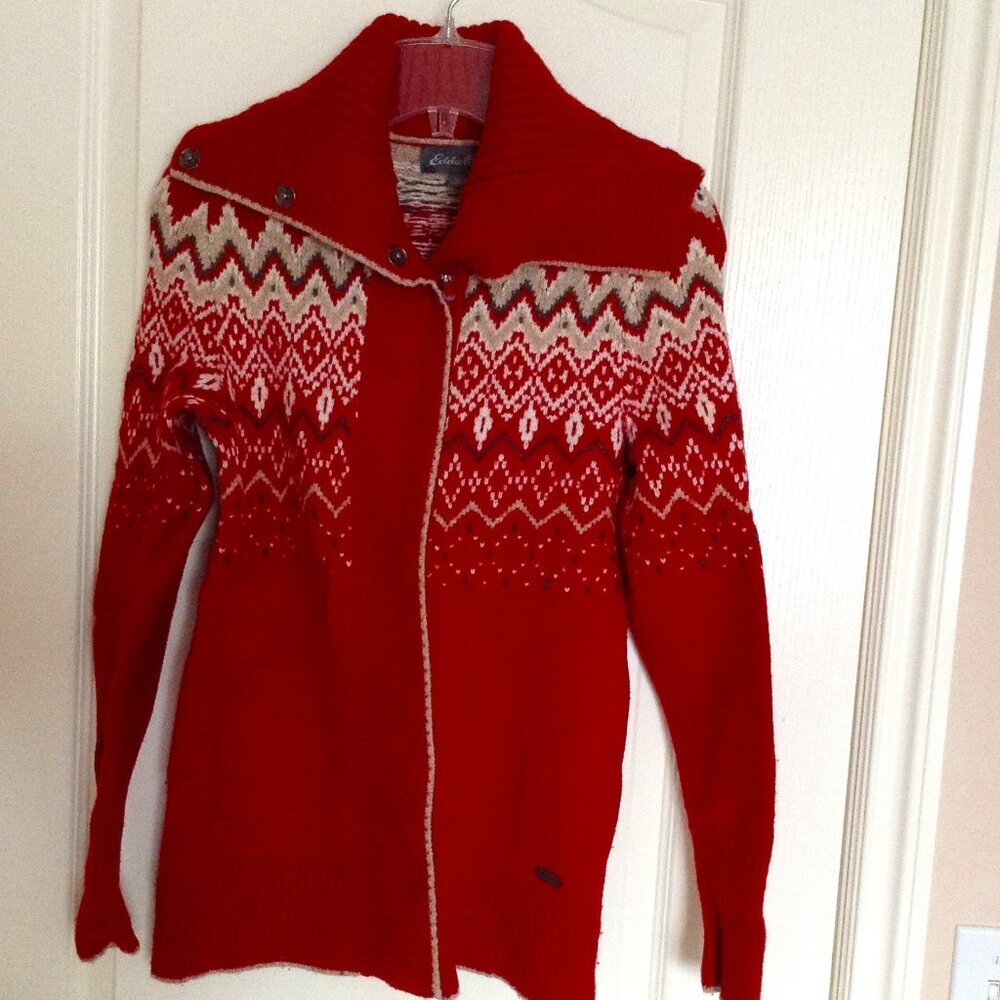 Eddie Bauer Womens Youth Red Knit Cardigan Sweater Size S Zip Up Front High Neck